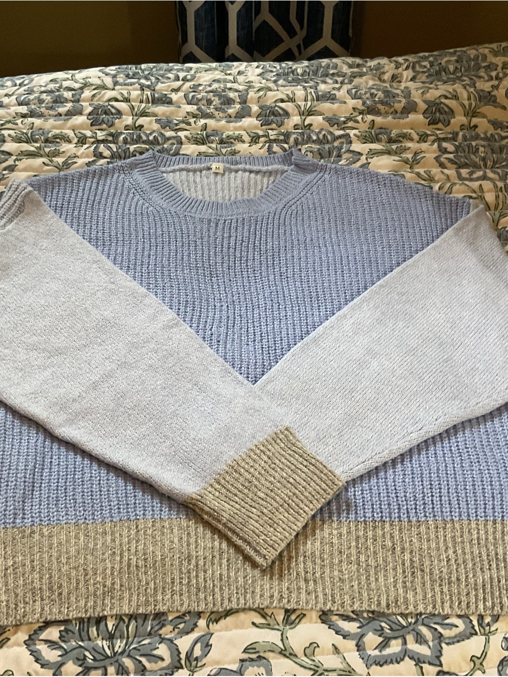 Colorblock Crewneck Sweater in Light Blue, Light Gray, and Tan soft NWOT